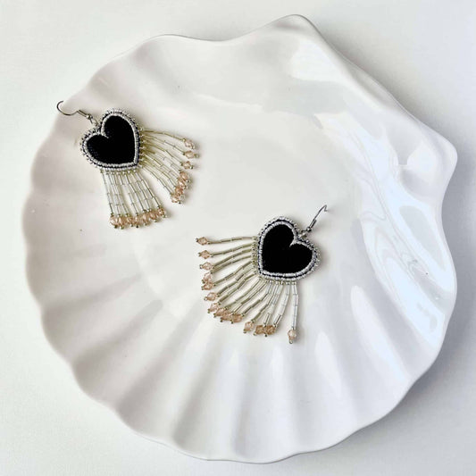 Aros Corazón Flecos Negro