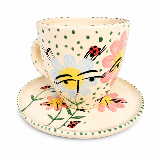 Set Taza + Plato Puntos Verde flores y puntos