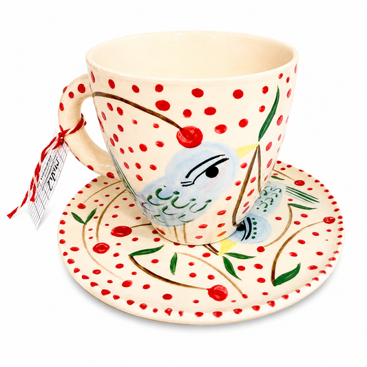 Set Taza + Plato Pajarito y Cerezas